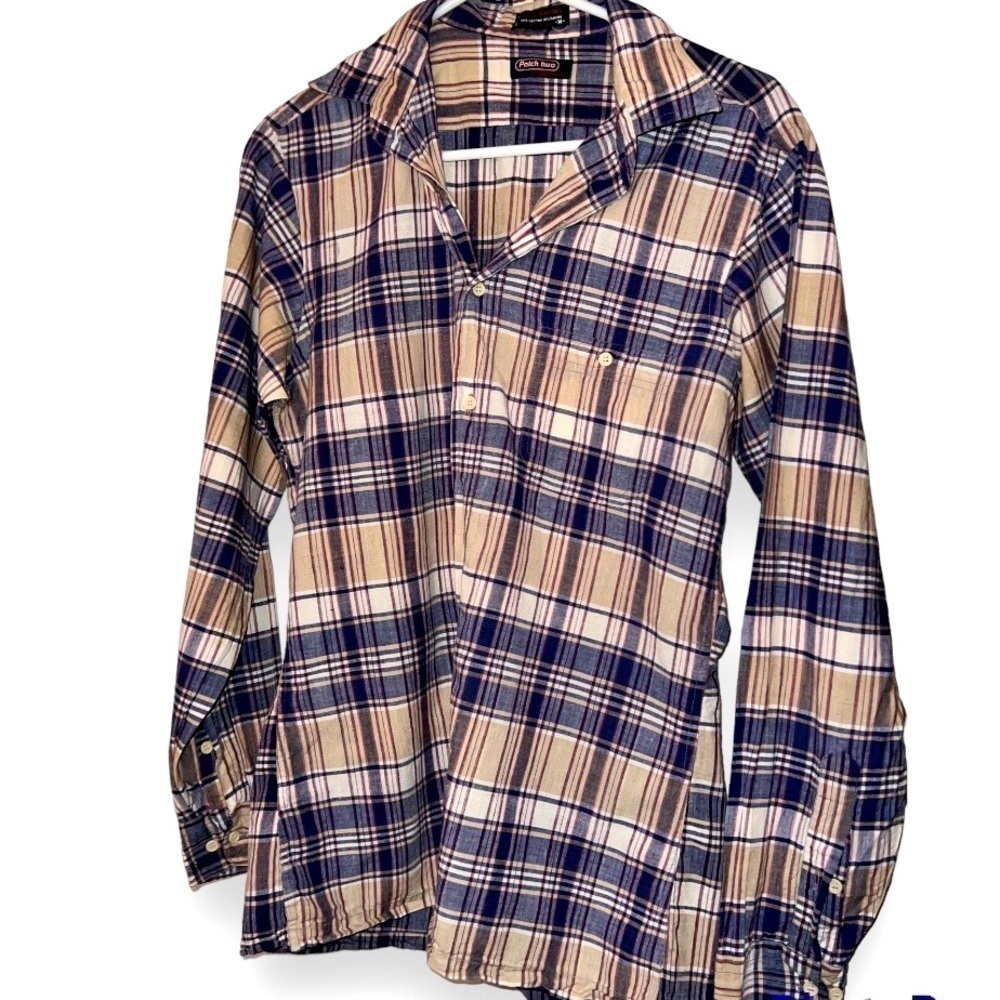 Patch Two for Hathaway madras beige and blue button down shirt, cotton, M.
